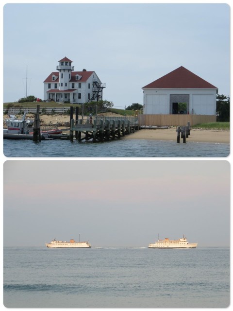 The Coast Guard station at the entrance to Salt Pond (NewHarbor) Passing ferries, to and from Old Harbor