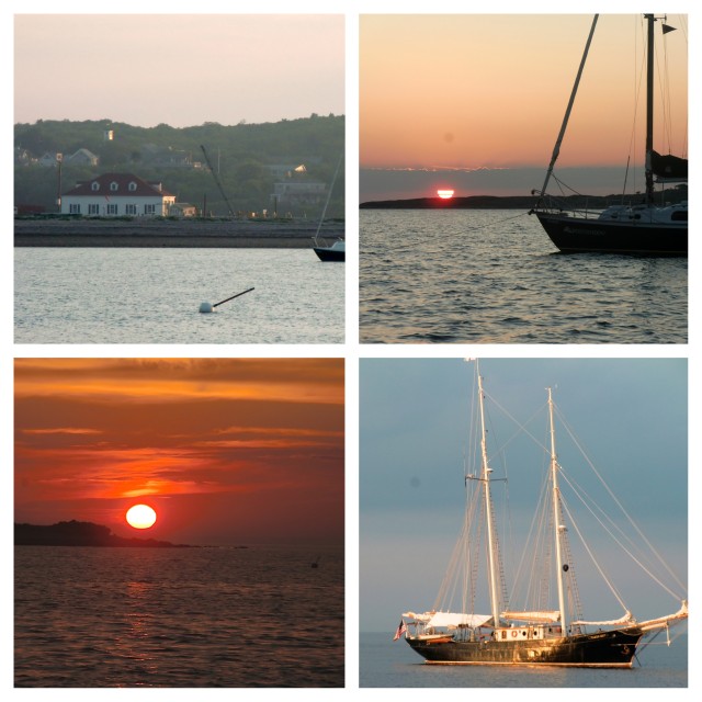 CLOCKWISE from upper left -  Coast Guard Station at Cuttyhunk,  Dawn, Sunset, morning light on the hull.
