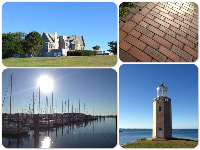 Walking on UCONN's Avery Point campus - Branford House Mansion, the brick memorial path, Aery Point Lighthouse, view of Shennecossett Yacht club int he morning light