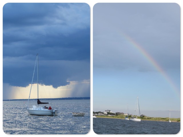 Rain clouds in the distance followed by a rainbow