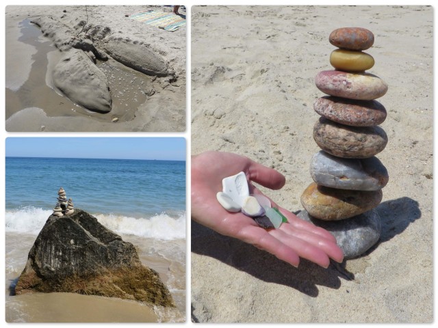 A sand lobster sculpture -  A stone tower on top of the  rock My colorful stone tower and beach finds.