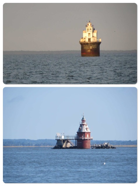 Two of the lighthouses marking the shallows along the eastern shore of the Delaware Bay. The top one, Ship John Shoal, seems to be the most notable.