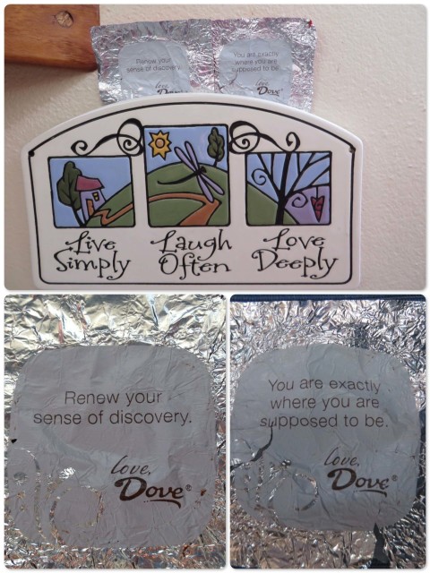 Dove chocolate wrapped in timely messages. Now hanging in the galley.