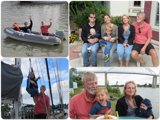 ~ Dinghy ride with Dad and Papa ~ A family portrait ~ Aaron in the bosun chair ~ Papa & Aaron and Nana & Ella