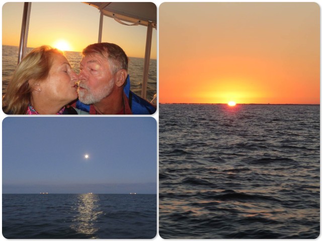 Sunrise on starboard side with the full moon still shining on port side - worth a kiss!