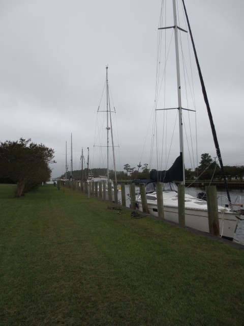 Sailboats tied along Great Bridge dock