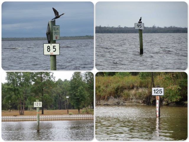 Examples of ICW Mile Markers. See that one on the lower right? It also has depth on it - only 2 feet!! Stay away from that side.