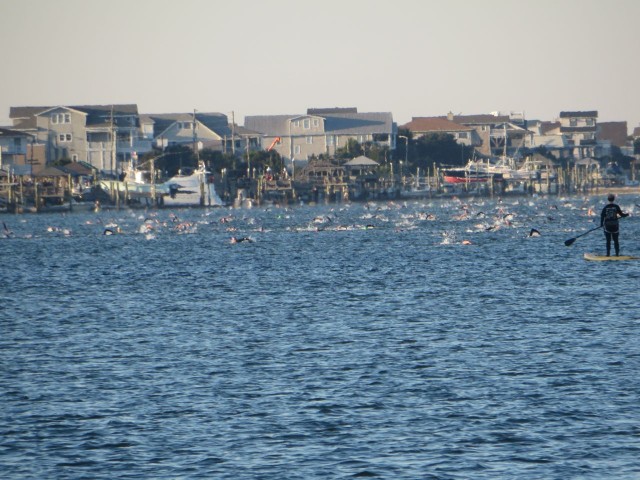 One mass of swimmers coming up the channel
