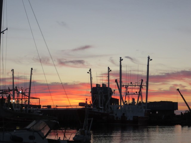 Shrimp boats in silhouette against the setting sun.