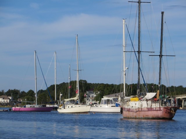 These three, somewhat derelict, sailboats (two pink and one white) are the talk of the town. They have been anchored there for a year. We are the 2nd white boat to the right, but we wont be here for a year.