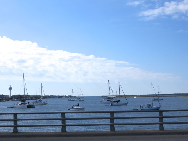 Southbound sailboats in the Wrightsville anchorage. Can you find us?