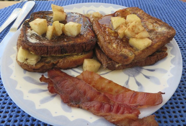 French toast layered with banana and apples, and bacon, of course.