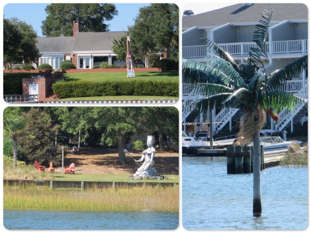 ~A giraffe statue as a "for sale" sign ~ A fake palm tree marking a shallow area ~ Who knows what this statue is!! An ICW mythical goddess?