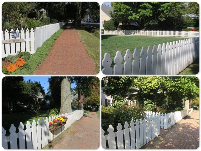 White picket fences and brick sidewalks