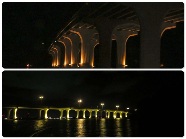 The glow of the bridge as we dinghied under it on our way to the Riverside Cafe