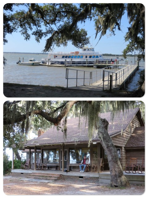 "Sea Camp" where the ferries dock and the tours begin. ~ Al relaxes and rocks on the porch
