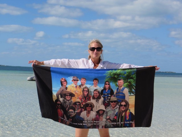 This is my special beach towel a gift from my GHS math teachers when I retired. The towel is enjoying the trip!