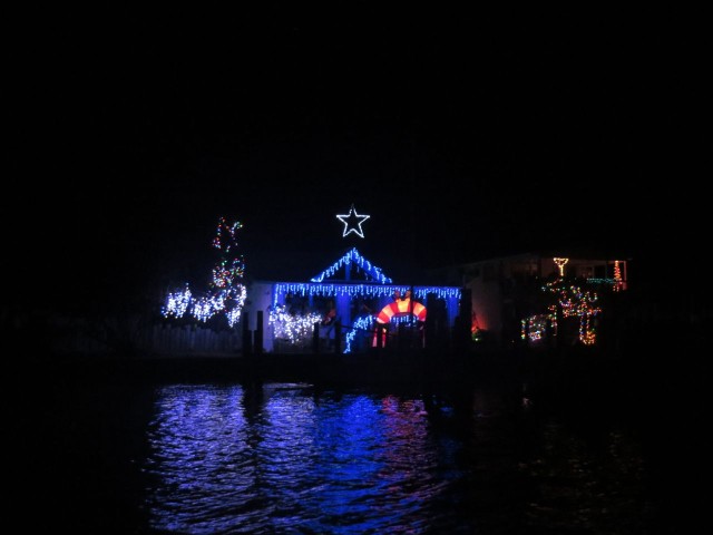 This home on the harbor has quite a display of lights.