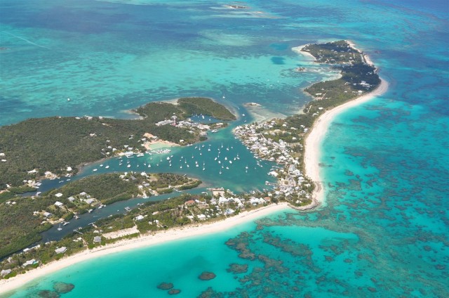 An aerial view of the northern end of Elbow Cay. We are moored there in the harbor.