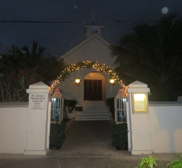 St James Methodist Church entrance decorated with holiday lights