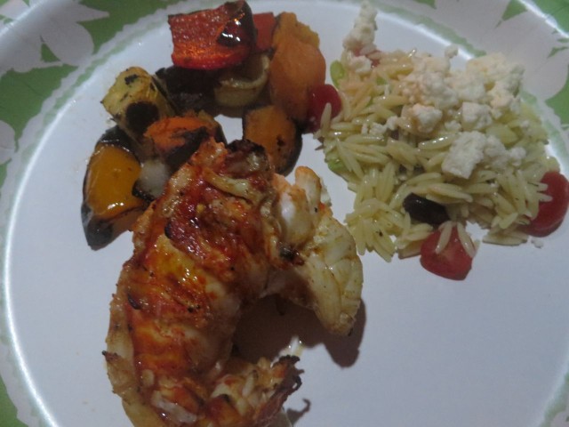 Grilled vegetables, orzo salad, cajun spiced grilled lobster tail