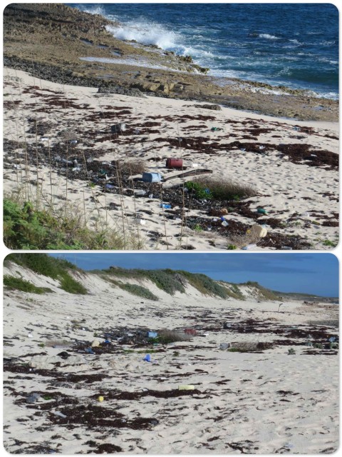 At the high tide mark, this isolated beach is covered with plastic debris.