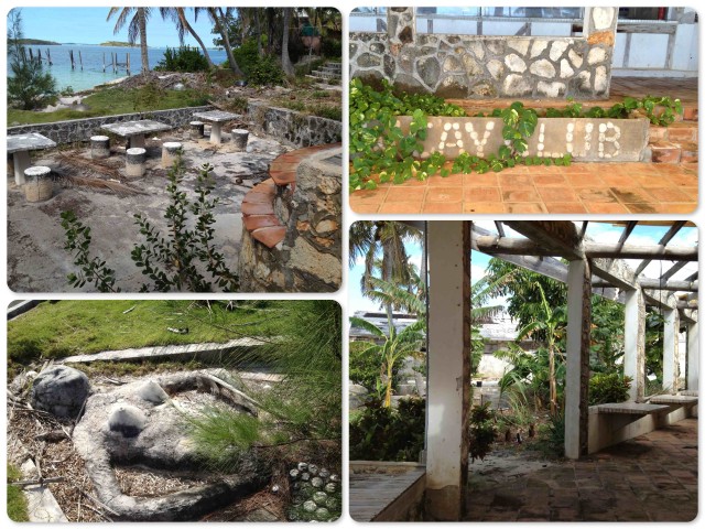 Upper left - a pool bar with sunken tables and stools Lower left - a female sculpture in the ground Upper Right - the resort's name formed in shells and overgrown Lower Right - outdoor dining area