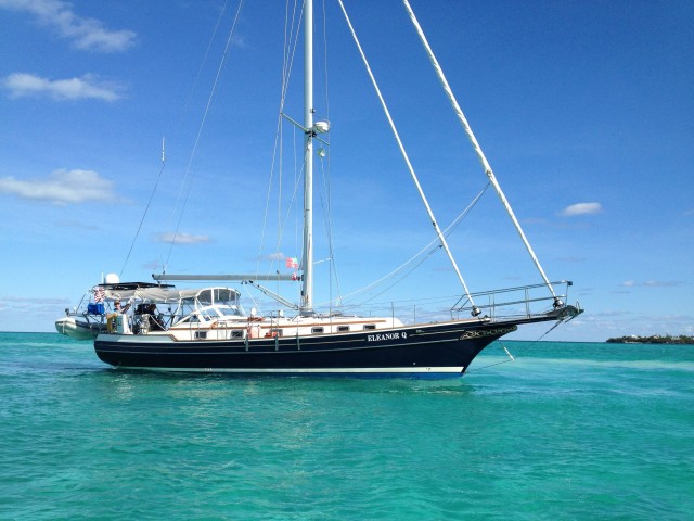 Eleanor Q entering the Elbow Cay channel, with her dinghy escort form Kindred Spirit.