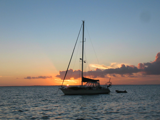 A cruiser anchored nearby took this photo of Kindred Spirit in the sunset and emailed it to us. 