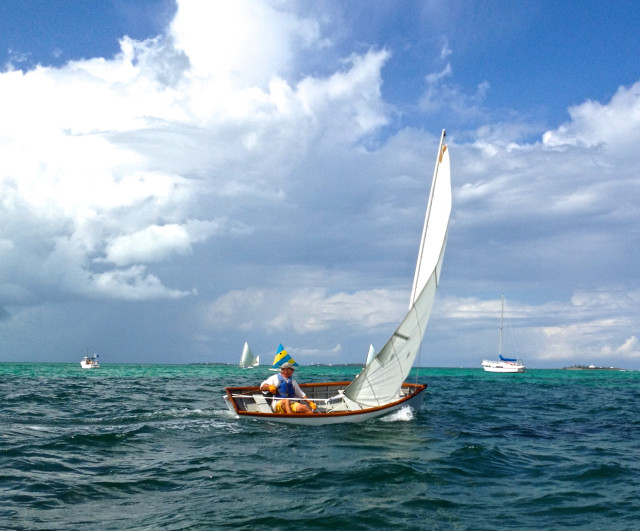 Our friend, John, was racing in one of the Abaco dinghies. Whenever he passed within range of our dinghy, we enthusiastically  cheered him on.