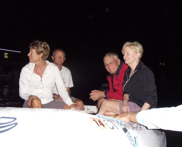 Marcia, Dan, Rich and Beth in their dinghy alongside us.