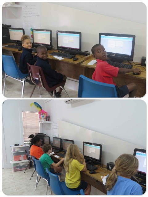 Students at the computers for math assessments.