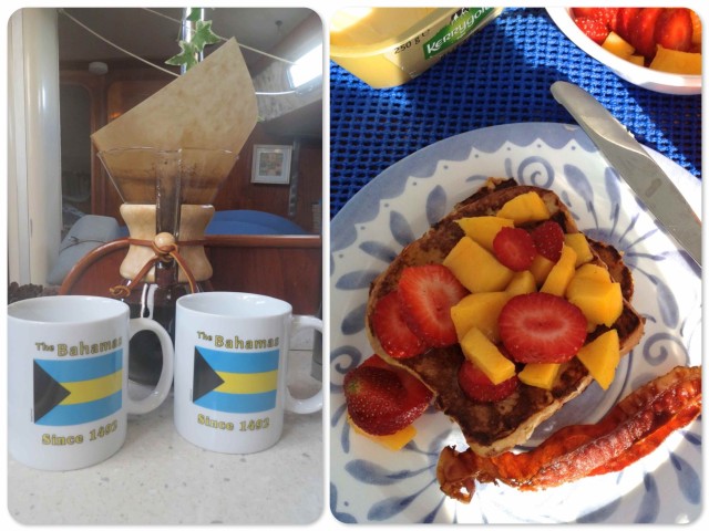 Coffee and coconut bread French toast with mango and strawberry topping. Now that was a special treat!