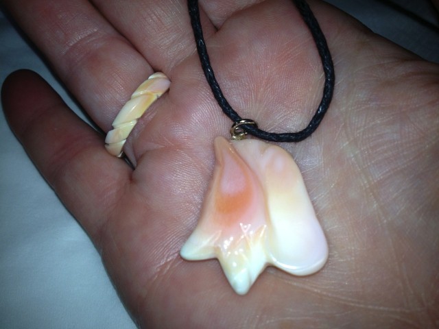 My good luck charms - conch carved in conch shell and a conch shell ring
