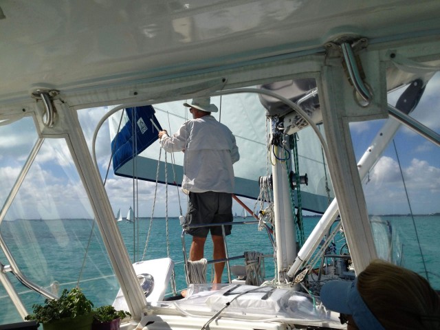 The winds didn't last long. On the downwind leg, the skipper tired to keep the jib out, but it just wouldn't cooperate.