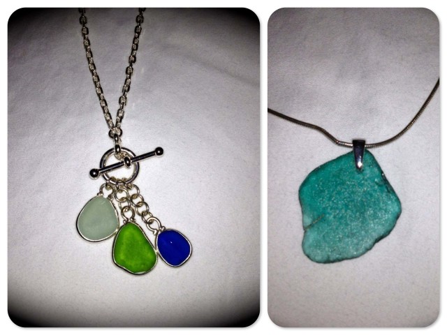 Two necklaces! One showcases three colorful pieces and the other is a simple pendant of a truly beautiful teal-colored piece.