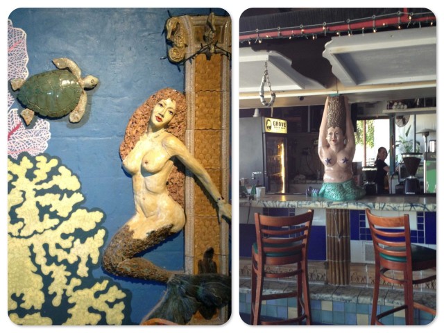 Two very different mermaids!  The one of the left adorns a wall among the galleries. The one on the right sits atop the bar. 