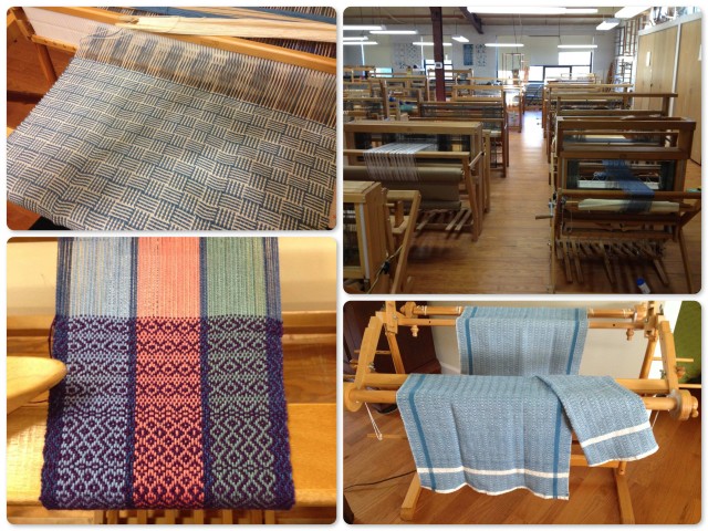 Clockwise from upper right ~ Weaving classroom - lots of looms ~My finished M&W hand towels ~ My first sampler ~ Log cabin design all on my own at home on my very little loom