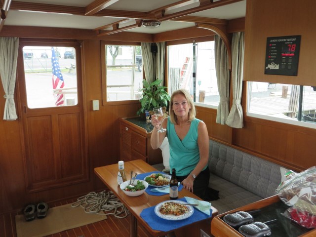 Sunday evening - first dinner onboard the boat. A Toast to us and the new, soon-to-be Kindred Spirit.