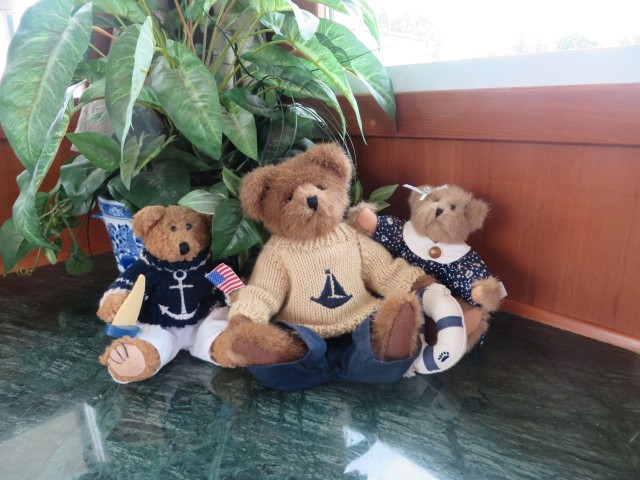 The only "decorating" we did for this trip was to select three bears from our little collection of sailing  bears and bring them along for good luck.