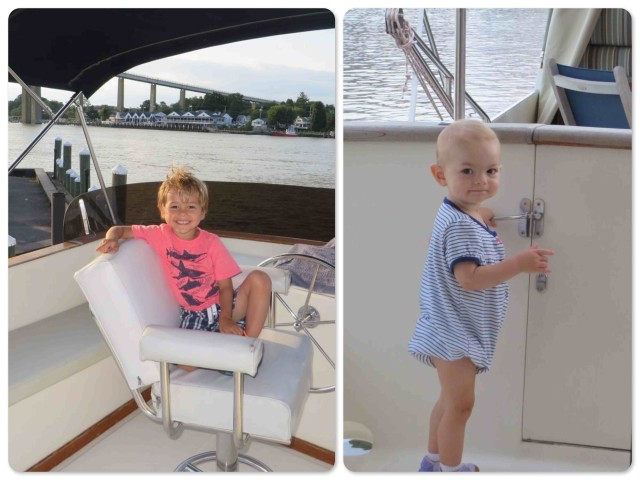 ~Aaron in the helm seat on the flybridge. Ready to captain! ~ Ella investigates the transom door. Trying to escape??