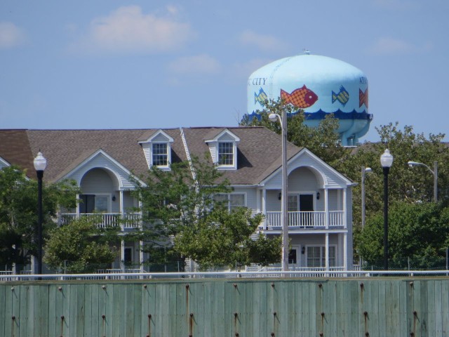 A cute water tower was visible over the buildings in Atlantic City.