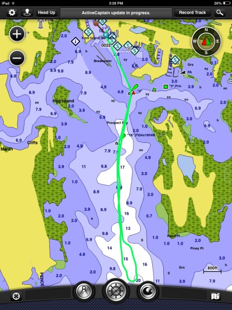 We used the Garmin Blue Chart app on the iPad during the sea trial, a trip of 2.5 nautical miles.