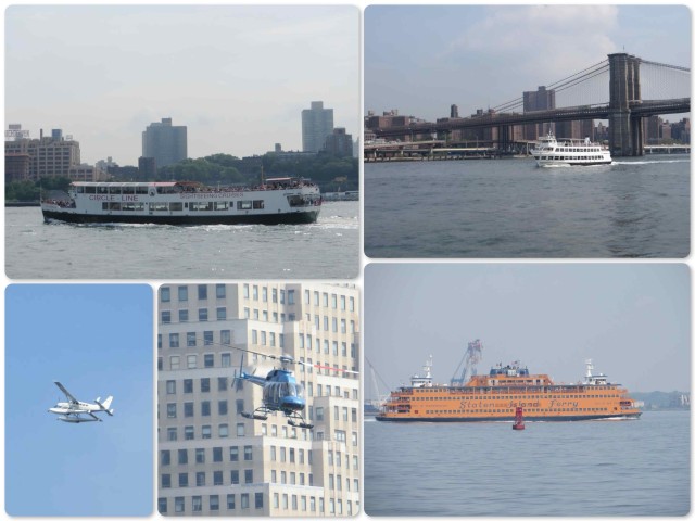 ~It was definitely tourist time - lots of tour boats.  ~The Staten Island Ferry is easy to spot on its back and forth trips with that orange color.  ~ A seaplane and many helicopters.