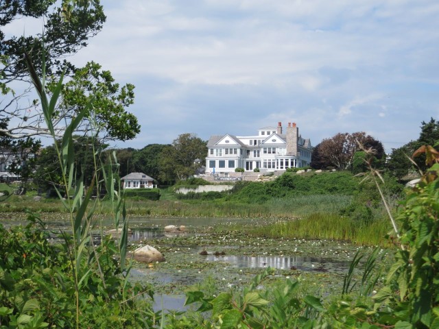 This home sits among similar stately mansions overlooking a pond.