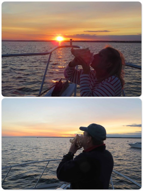 Every evening, as the sun set, we sounded the conch horn. I'm still working on my technique. Dean, of course, picked it up immediately. Former band member!