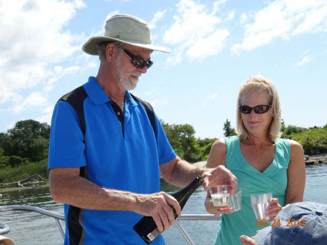 Bubbly beverages for the witnesses as well as for the boat!