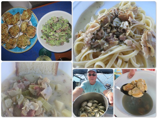 Dean is the expert shucker and chef when it comes to seafood. Lucky us -- Three dinners! Stuffed clams, Pasta Al-Deano, and clam chowder.