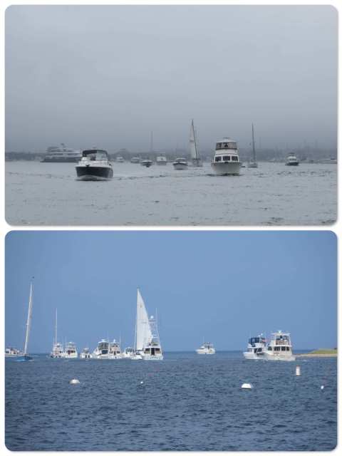 Labor Day Rush Hour - a little foggy as we entered the channel and then the sky brightened as we looked back after entering Salt pond. 