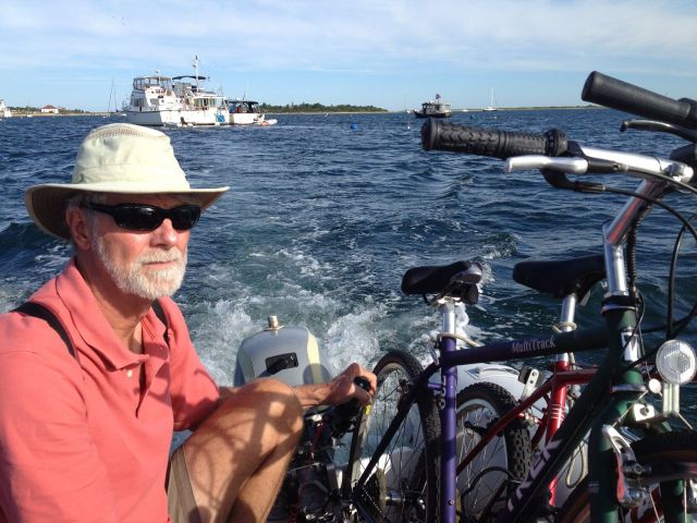 Getting the bikes to shore in the dinghy